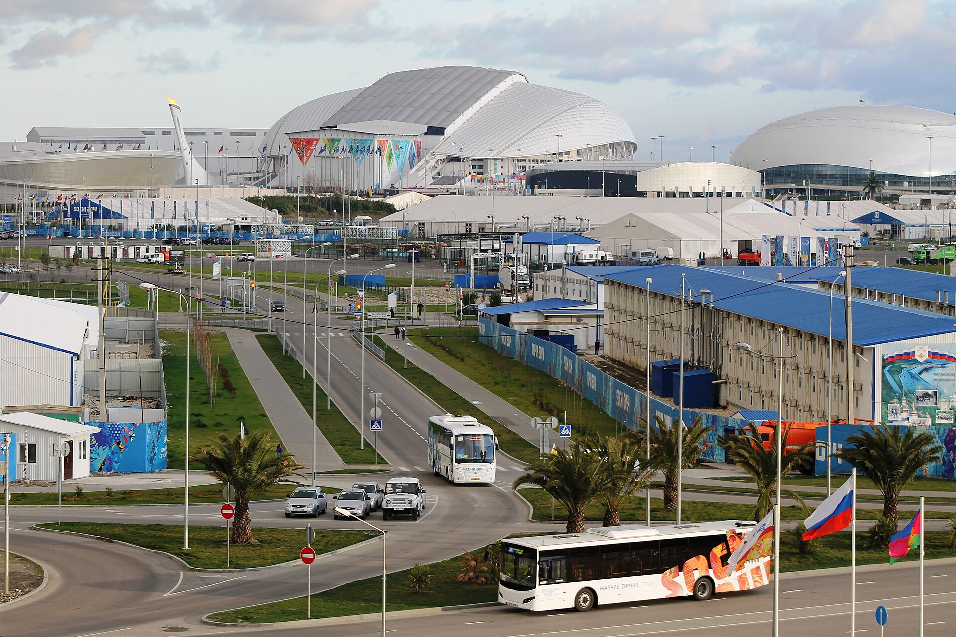 Panoramic view of the Olympic 2014 facilities in the Sochi Olympic Park during Winter Olympic Games. Imereti lowland in the Adler district of the city of Sochi. Mars 2014
