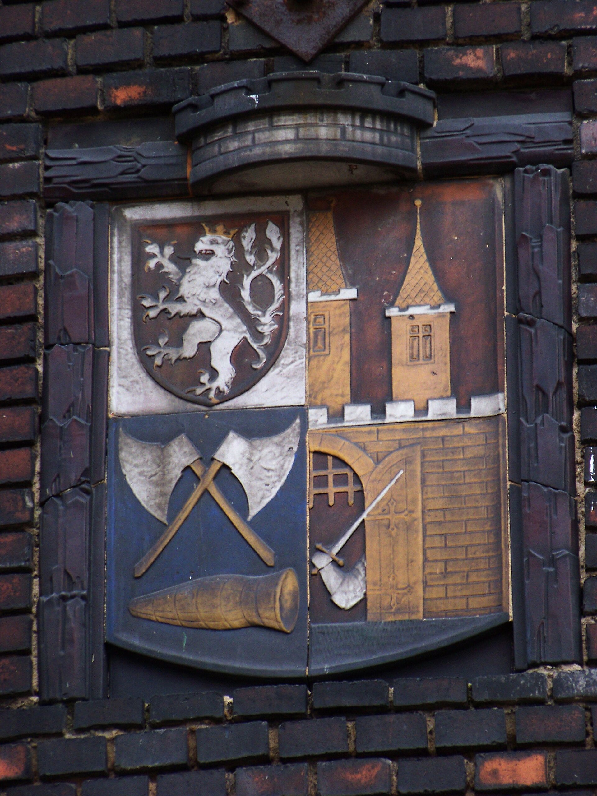 Prague - Michle , the Czech Republic . Vršovice water tower, coat of arms of Vršovice.