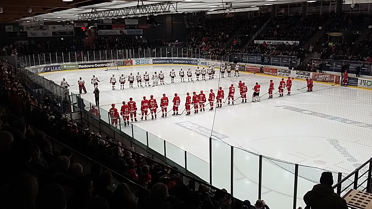 Gentofte Stars and Rødovre Mighty Bulls players lining up for presentation before the Metal Liga game in Rødovre on 2016-01-31.