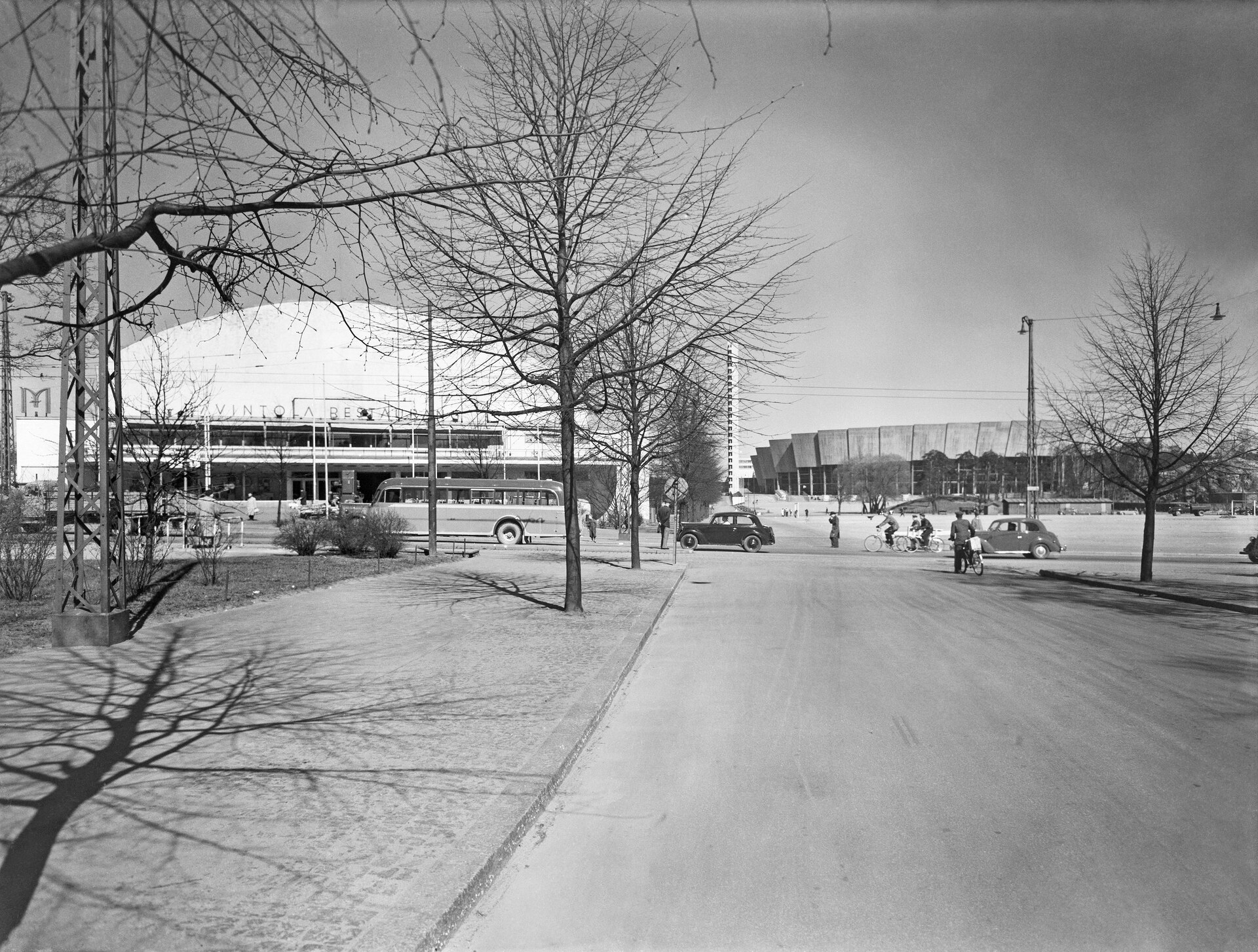 Exhibition Hall (later Töölö Sports Hall) and the Olympic Stadium in Helsinki, Finland, in 1952.