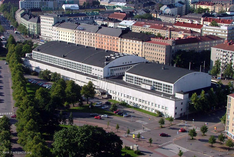 Töölön kisahalli ("Töölö sports hall") in Helsinki, Finland. Photo taken from the tower of the Helsinki Olympic Stadium.