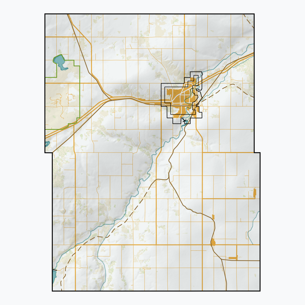 A series of maps of Saskatchewan rural municipalities, using open CEC Landsat-derived land cover data (2015) to generate a naturalistic colour scheme. Generalized hillshade created with my own proprietary algorithm. Vector features from Saskatchewan's ISC, the Government of Canada, and some manual d