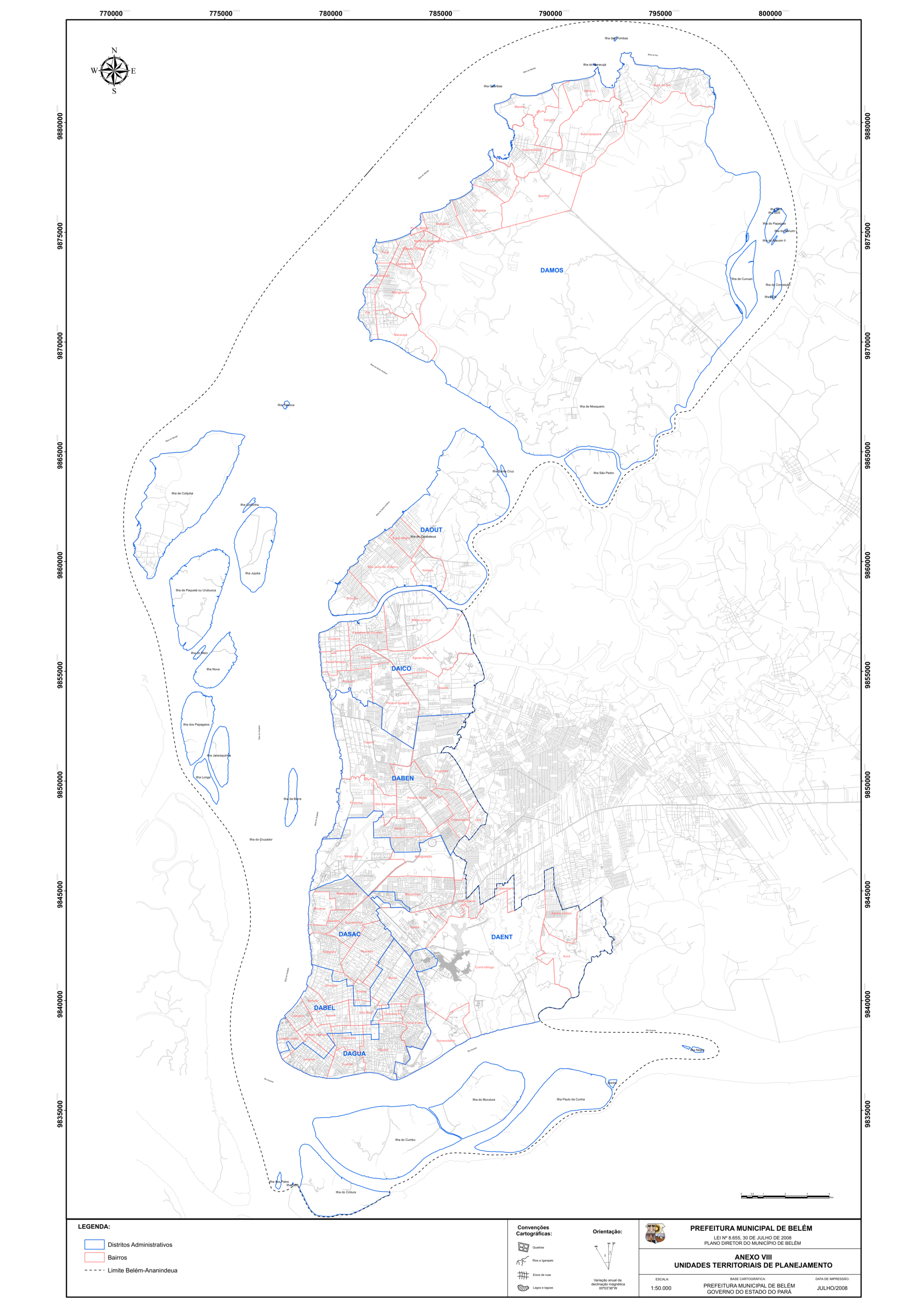 Map detailing the administrative districts and neighborhoods of the city belém. Published as a annex to the law that made that division (Municipal Law nº 8.655/2008)