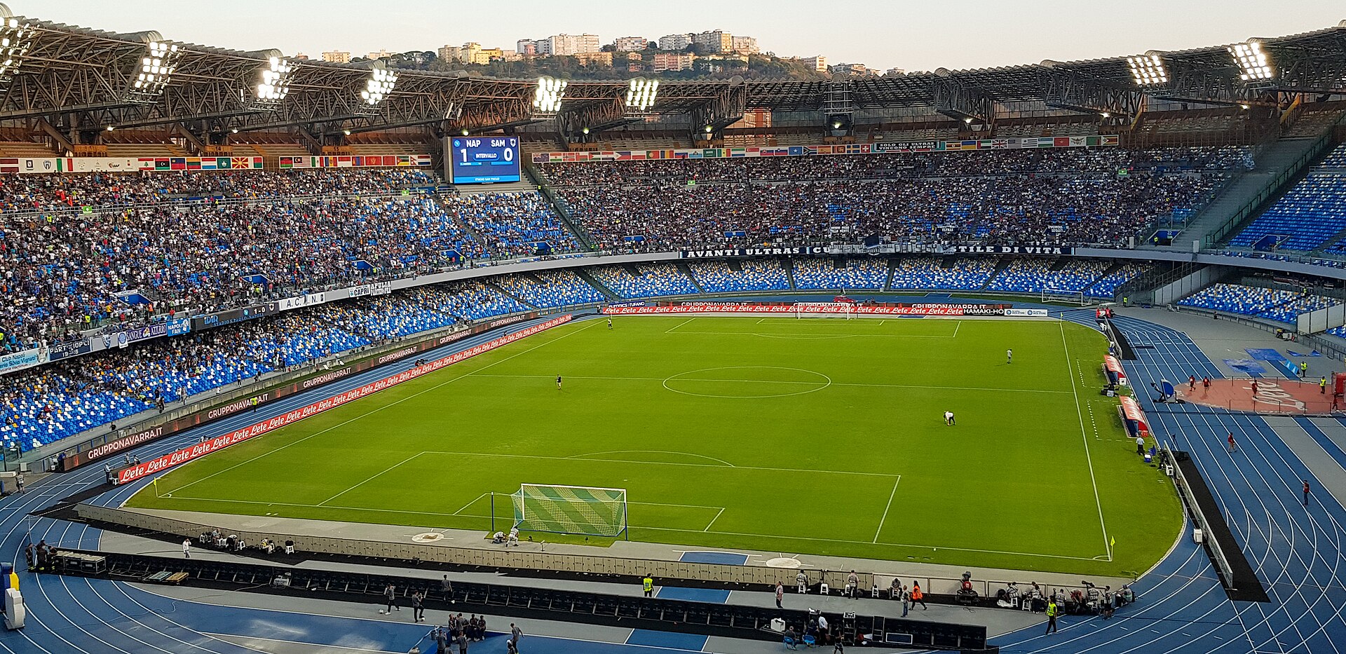 The "San Paolo" Stadium in Naples (Italy) during the half-time break of S.S.C. Napoli v U.C. Sampdoria (2-0) game, Matchday 3 of Italian Championship 2019–20 Serie A, September 14, 2019.