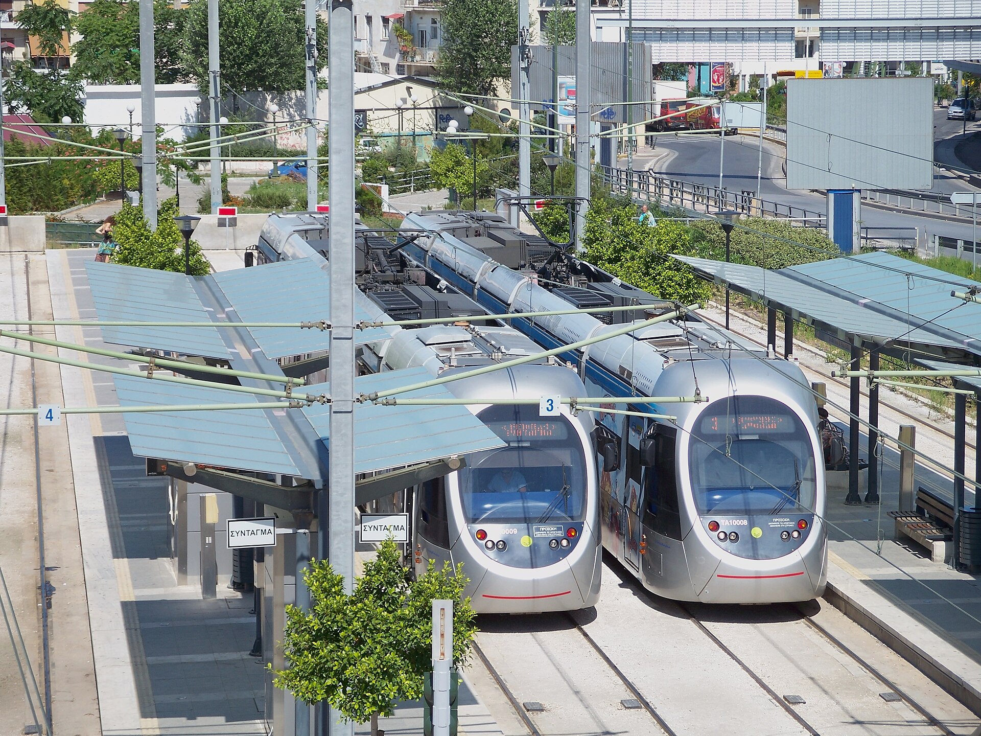 Piece and Friendship Stadium stop (Στάδιο Ειρήνης και Φιλίας) in Faliro, Piraeus , which serves the stadium by the same name and is the terminal of lines 1 and 3 of the Athens tram system.