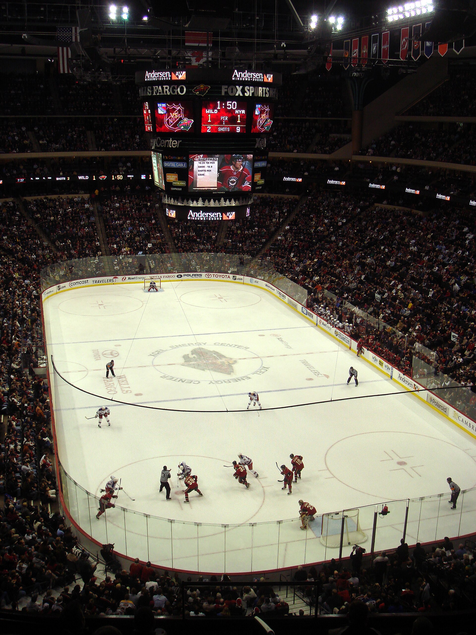 Xcel Energy Center arena in Saint Paul, Minnesota during a 2007-08 NHL season game between the Minnesota Wild and the New York Rangers . The Wild would win, 6–3, in a game notable for Marián Gáborík 's five goal, one assist performance.