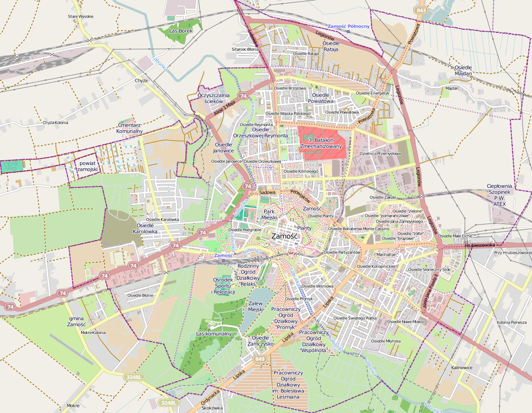 Location map of Zamość, Poland This map of Zamość was created from OpenStreetMap project data, collected by the community. This map may be incomplete, and may contain errors. Don't rely solely on it for navigation.