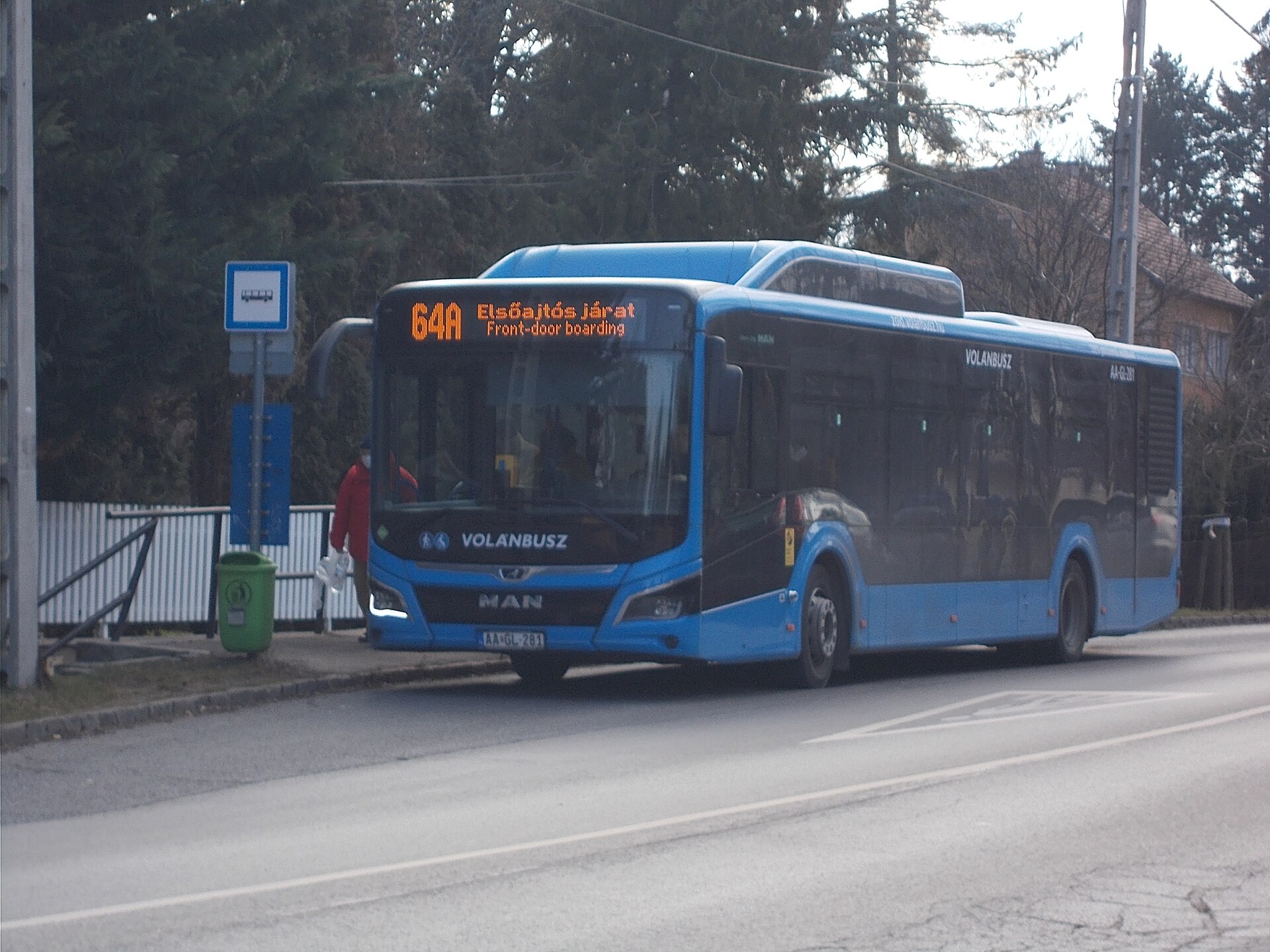 MAN NL320 Lion's City 12C CNG operator Volánbusz on route 64A at'Kölcsey utca' bus stop - Hidegkúti út (Route 1107), Hársakalja neighbourhood, 2nd district of Budapest .