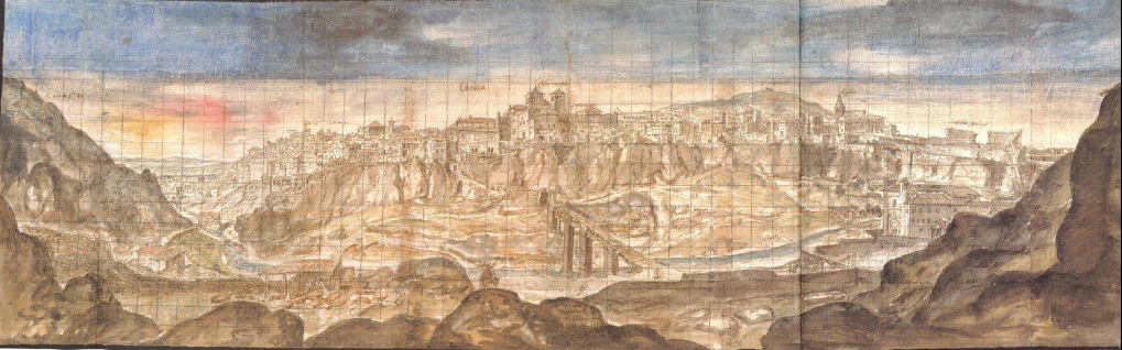 Dibujo de una vista general de Cuenca , realizado por Anthonis van den Wijngaerde en 1565 .