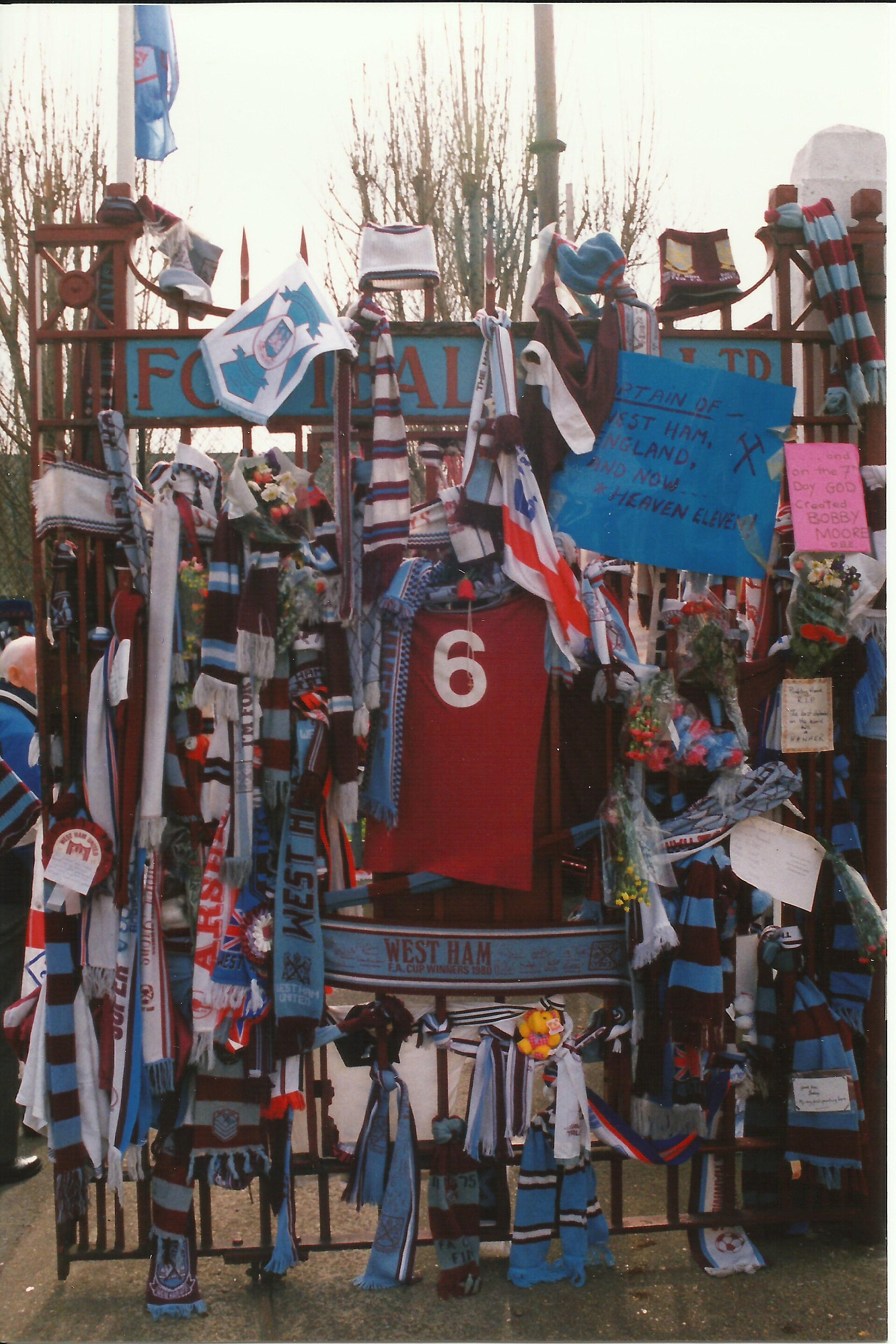 Tributes to Bobby Moore outside The Boleyn Ground before the home game v Wolverhampton Wanderers, 6 March, 1993 - the 1st home game after his death.