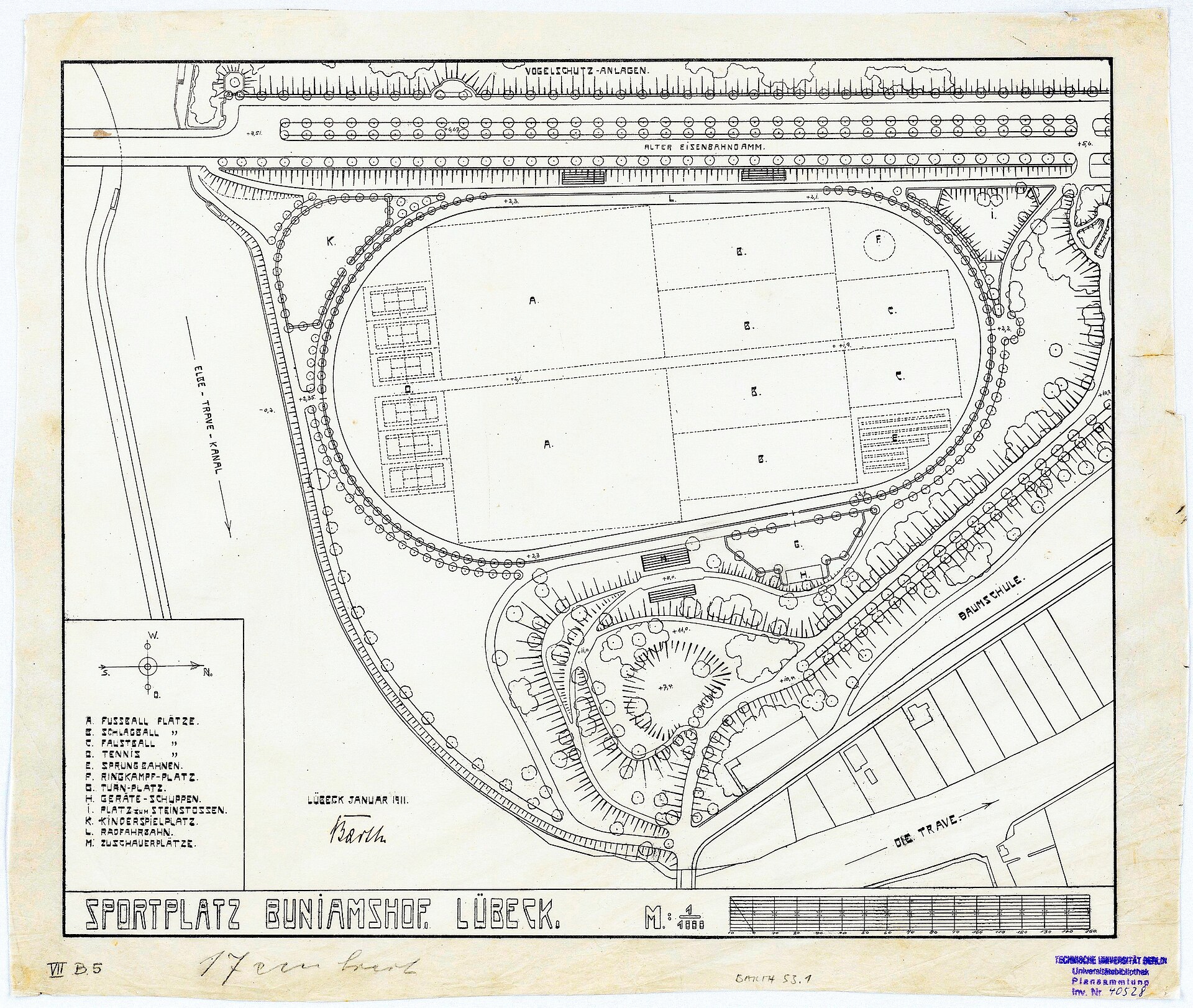 Erwin Barth (1880-1933), Sportplatz Buniamshof, Lübeck: Grundriss der Anlage Höhenangaben 1:200, Maßstabsleiste, Legende mit Bezeichnung der Teile. Tusche auf Transparent, 44,00 x 52,30 cm (inkl. Scanrand). Architekturmuseum der Technischen Universität Berlin Inv. Nr. 40528.
