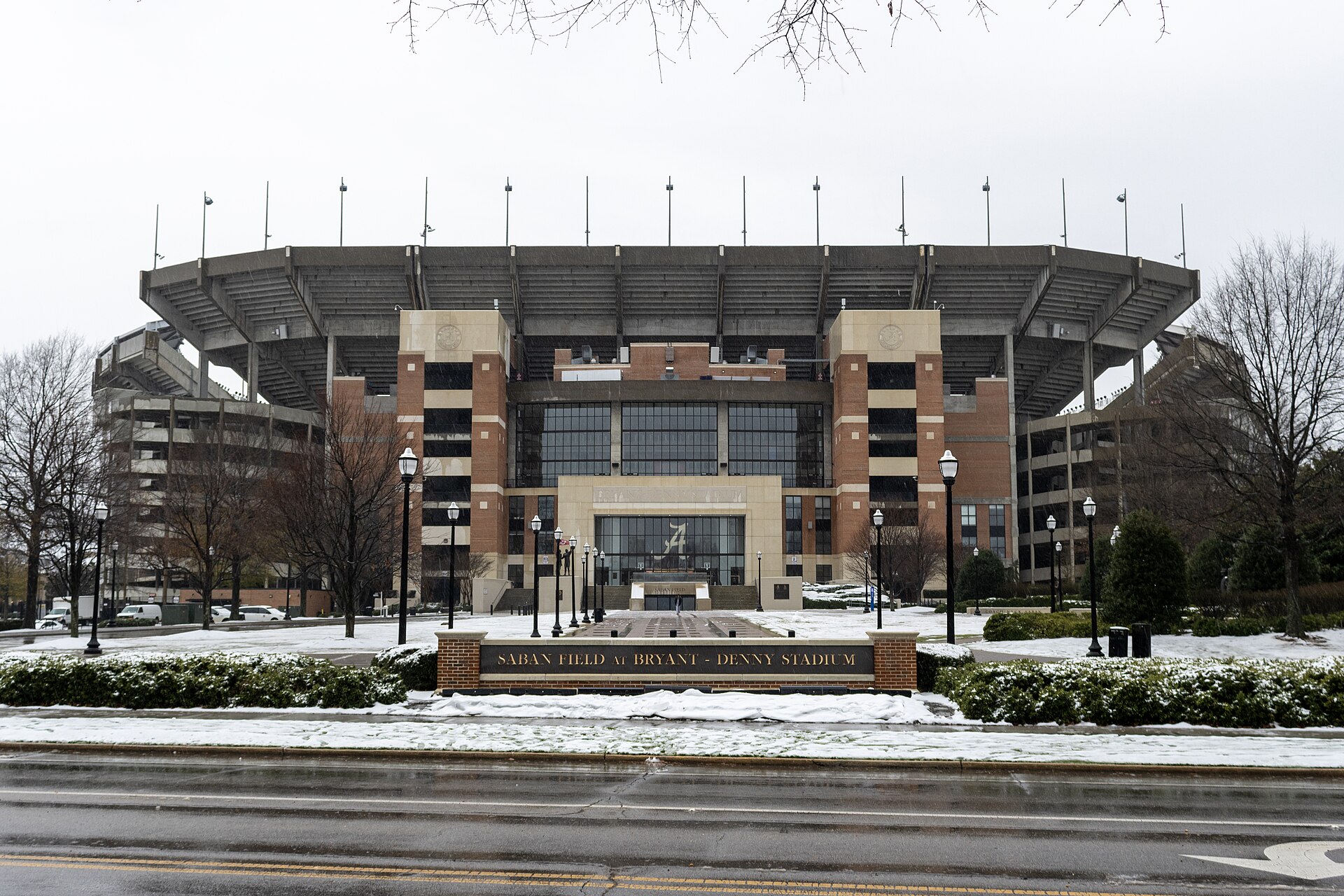 A photograph of a snow-covered Saban Field at Bryant–Denny Stadium at the University of Alabama , taken on January 10th, 2025.