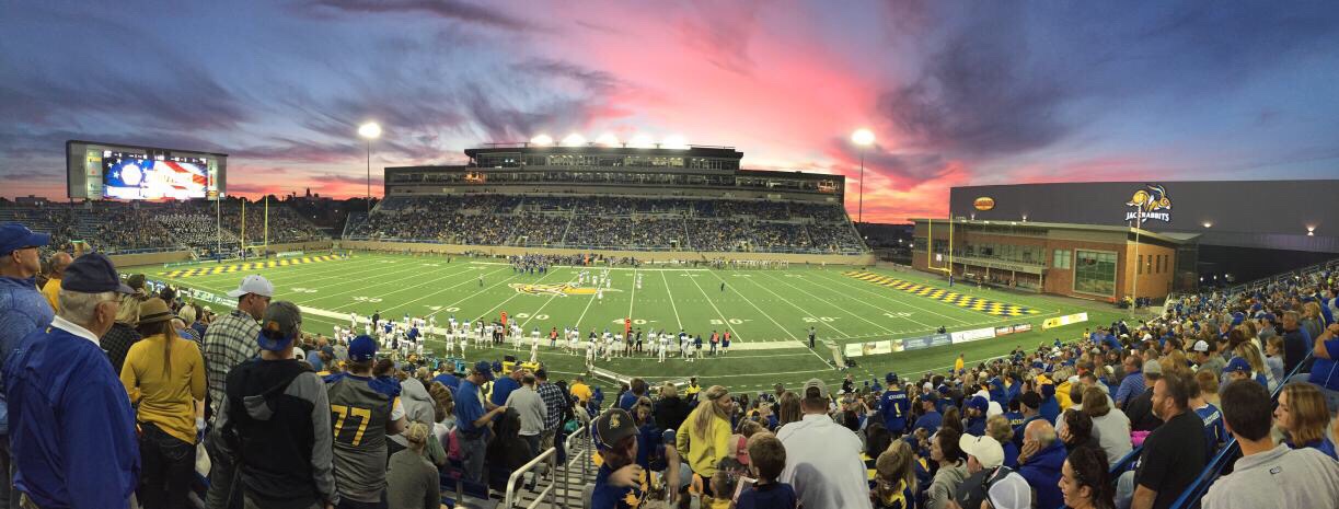 South Dakota State v. Drake University Football. The Pride of the Dakotas Marching Band seated in end zone stands.