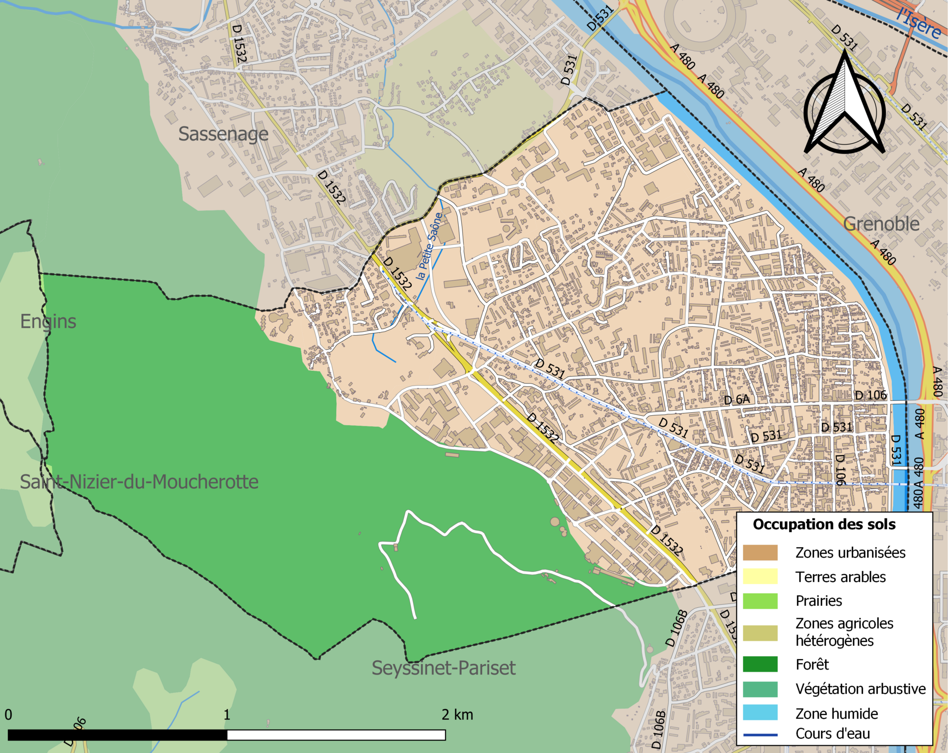Carte des infrastructures et de l’occupation des sols en 2018 de la commune de fr:Fontaine (France).