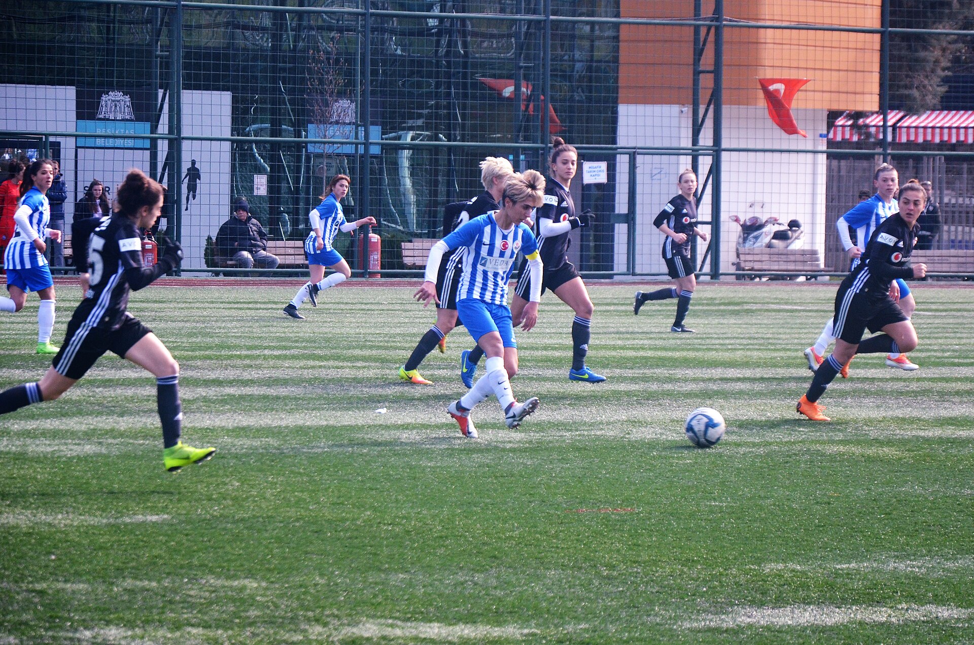 Beşiktaş J.K. (black/gray) vs Hakkarigücü Spor (blue/white) match in the 2018-19 Turkish Women's First Football League in the İsmet İnönü Stadium, Istanbul.