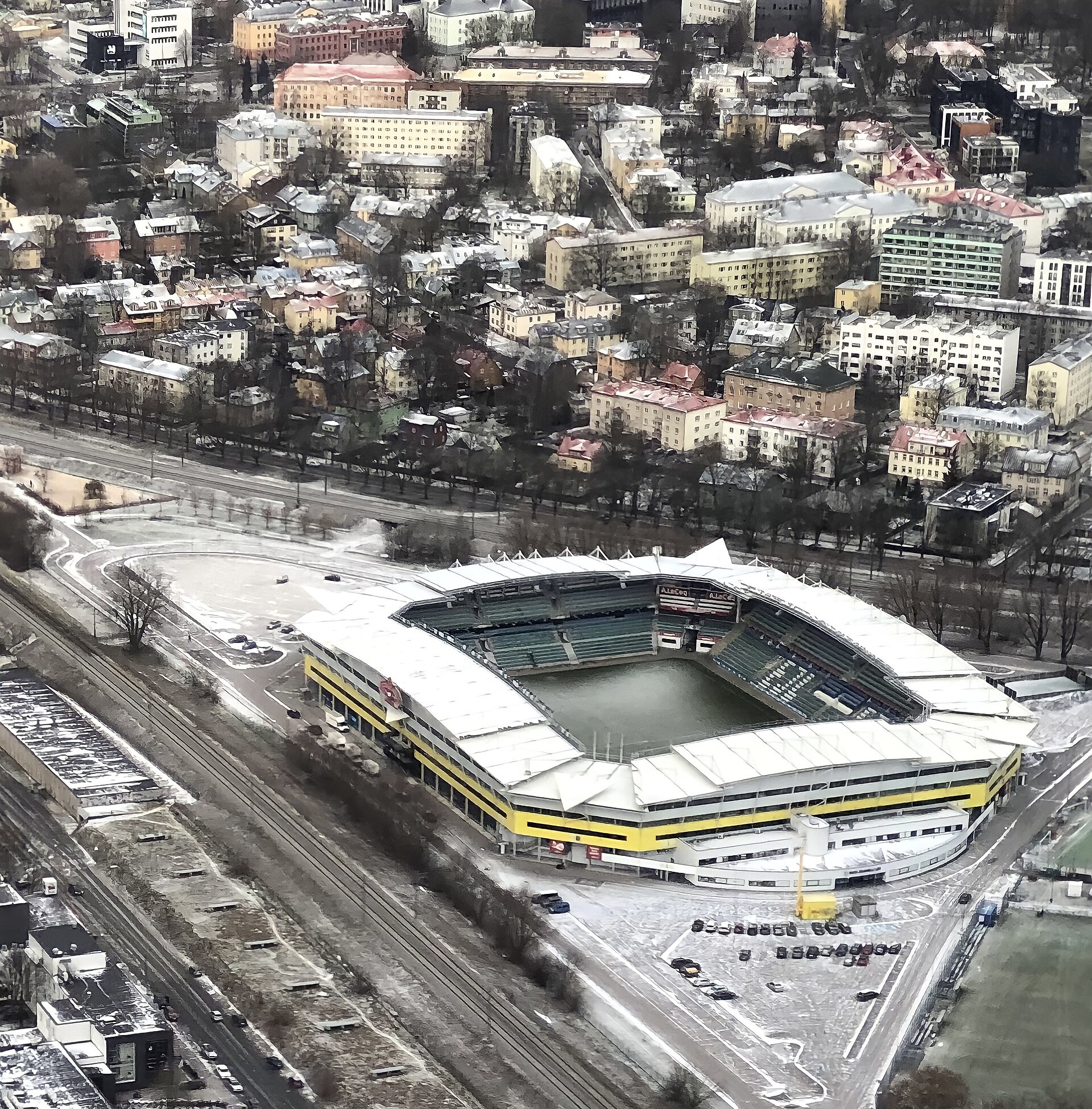 Aerial photo of A. Le Coq Arena / Lilleküla staadion during winter 2021 (Tallinn, Estonia)